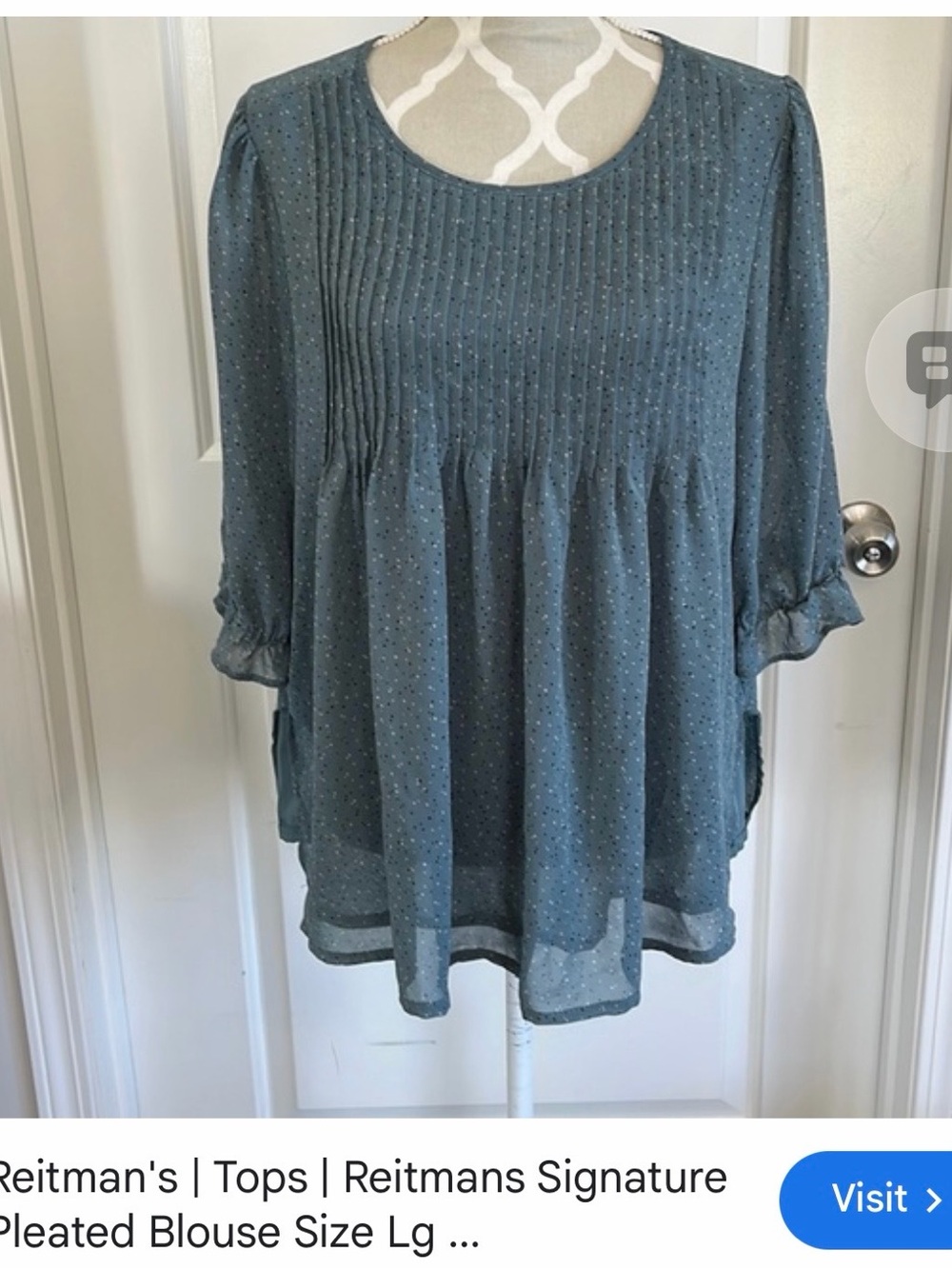 Reitmans Sage Blue Green Pintuck Peplum Blouse with Dot Print
